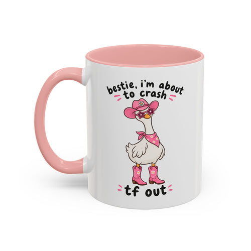 Front view of the pink Crash Out goose accent mug