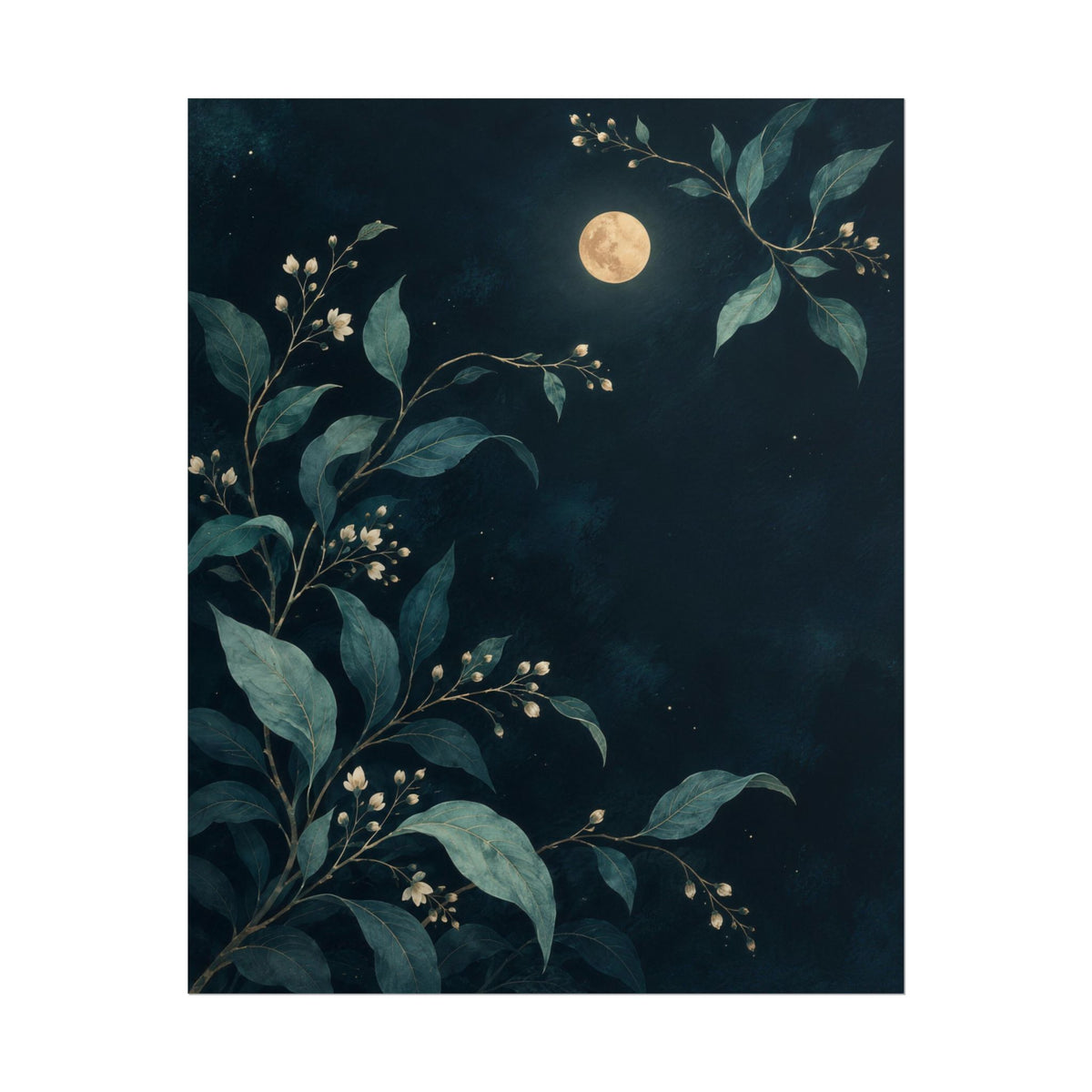 Night Garden art print by Cozy Prints UK: moonlit leafy branches and pale buds on a deep teal background.