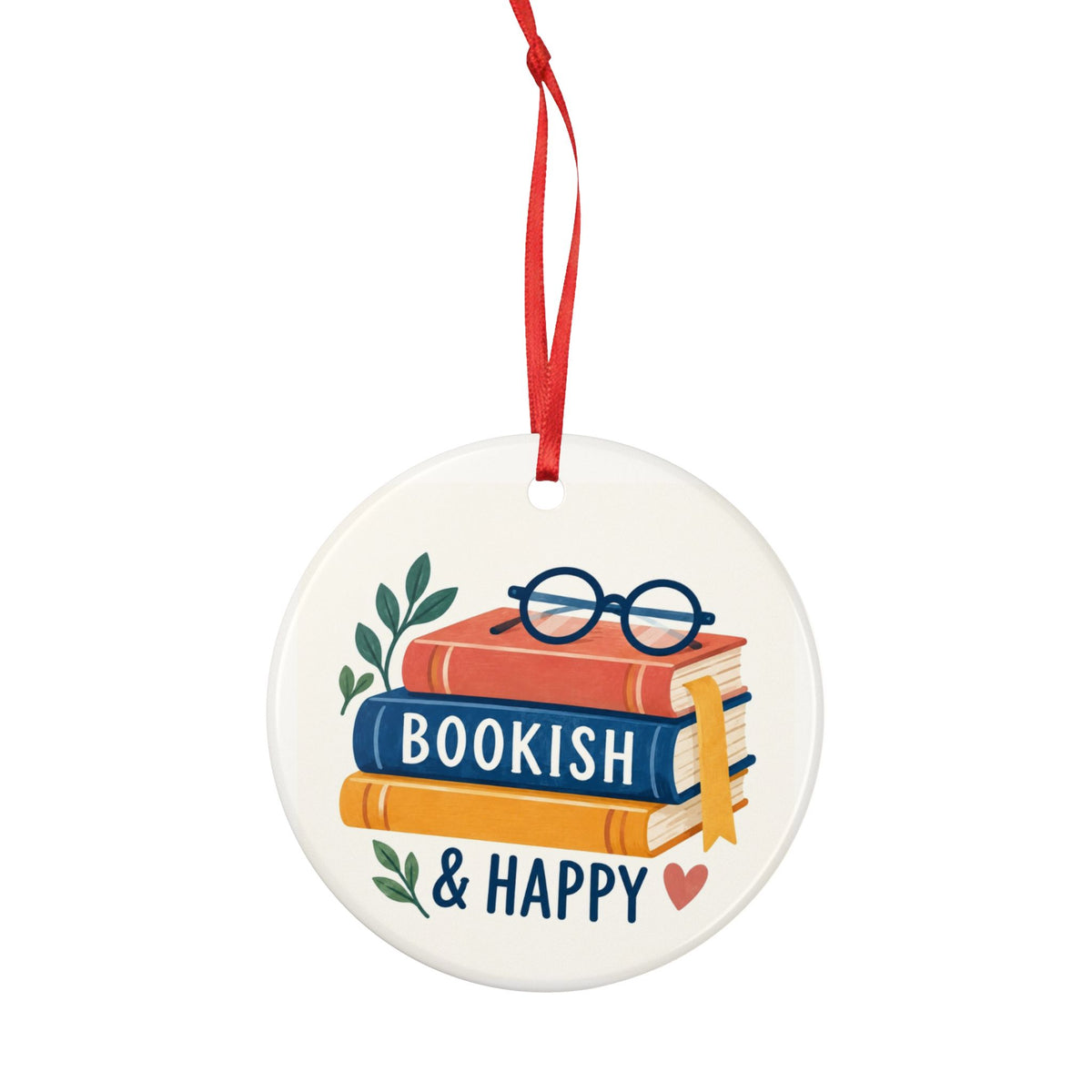 Round ceramic hanging ornament showing colourful book stack, blue reading glasses and Bookish & Happy lettering.