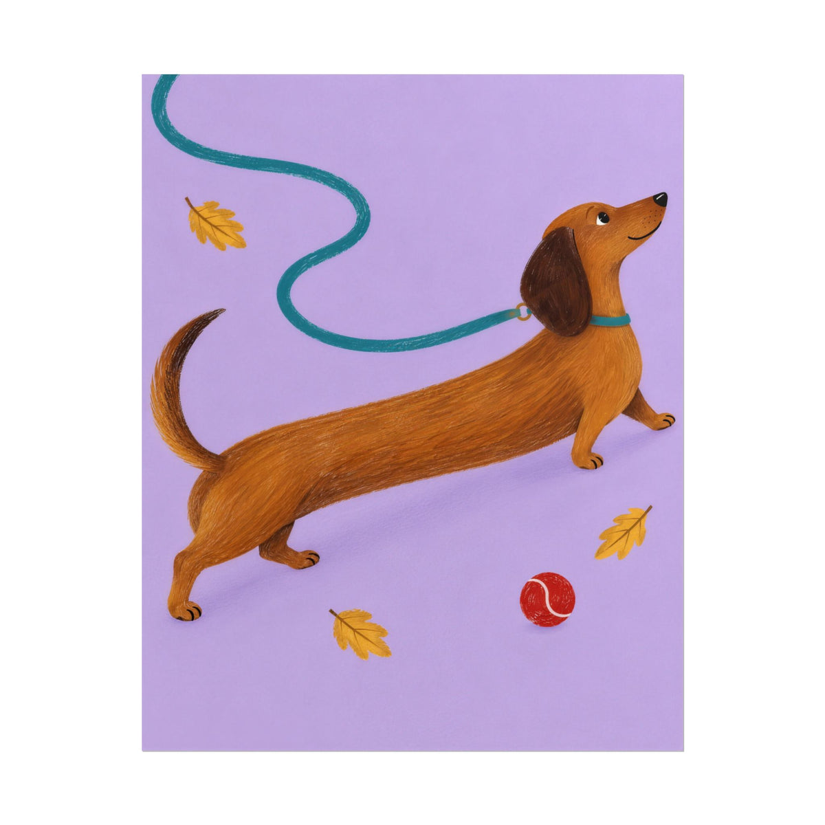 Long Dog, Big Day art print by Cozy Prints UK: caramel dachshund on lilac with a teal lead, yellow leaves and a red ball.