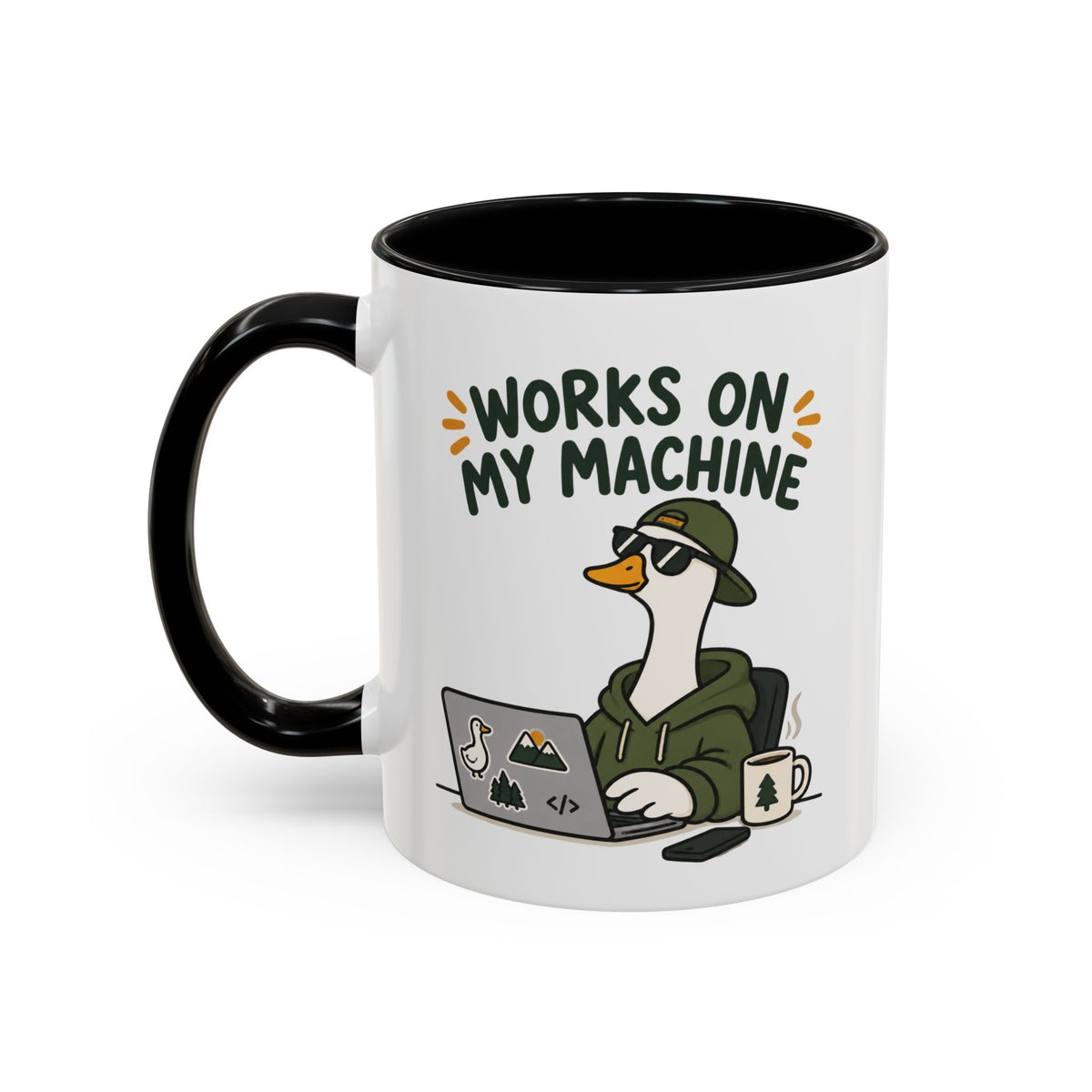 Front view of the black Works on My Machine goose mug