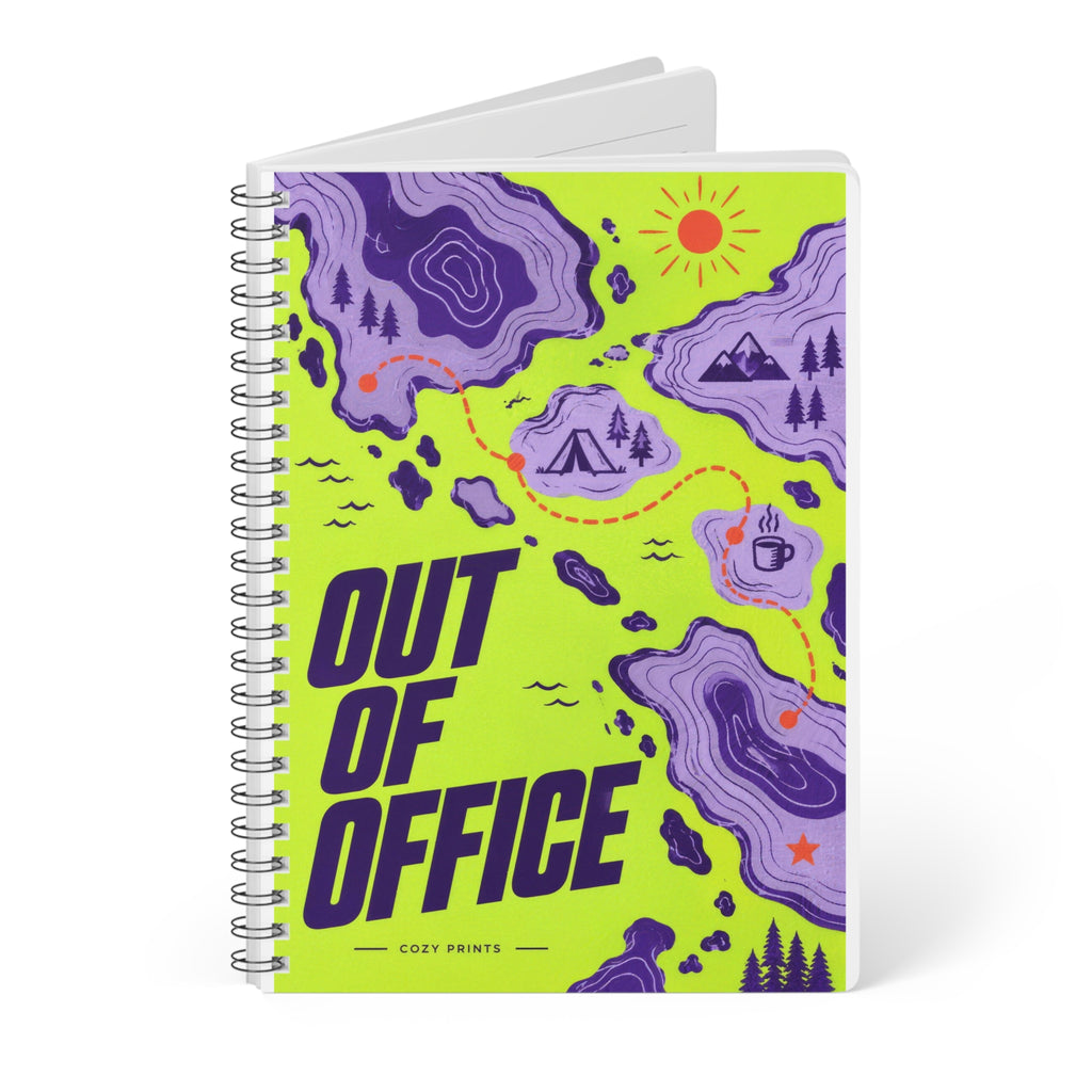 Angled view of Out of Office A5 notebook by Cozy Prints UK, showing the illustrated front cover and black wire binding.