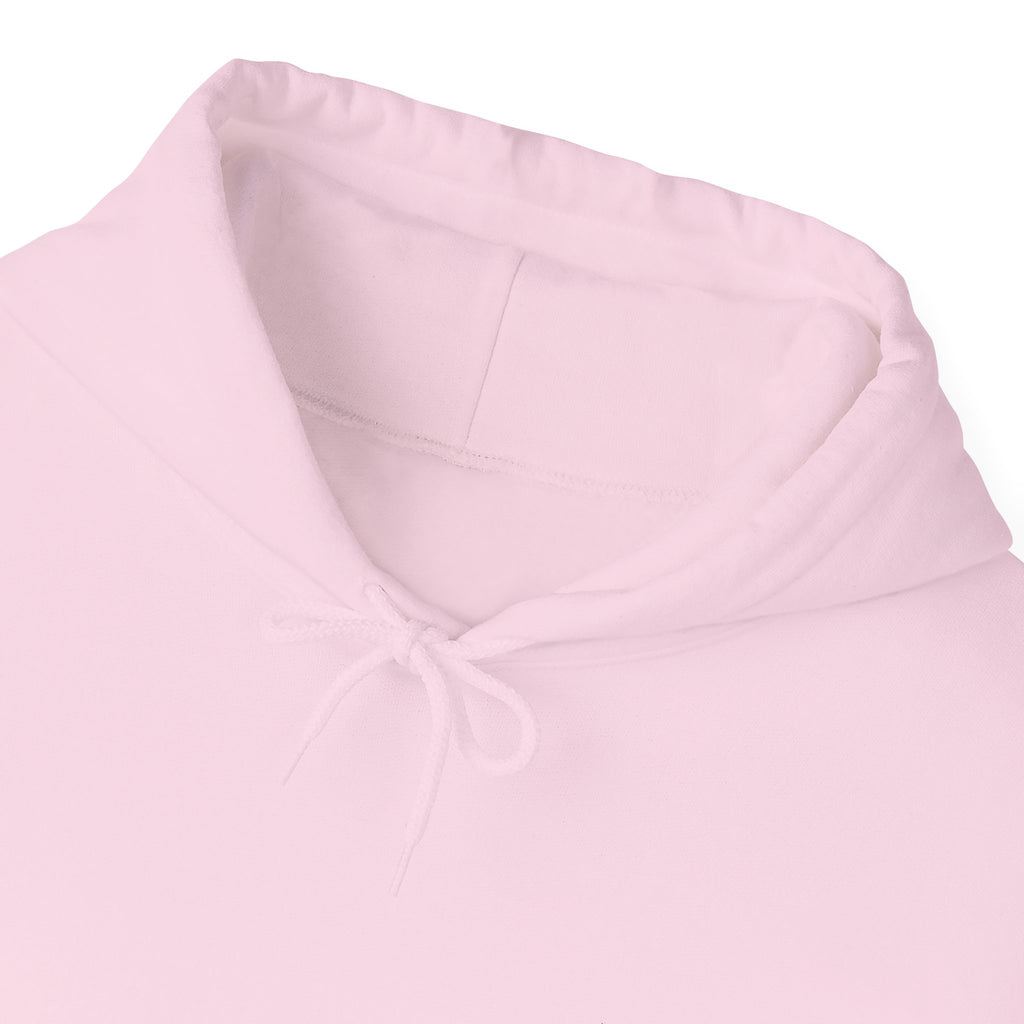 Close-up of the hood and drawstrings on the light pink hoodie
