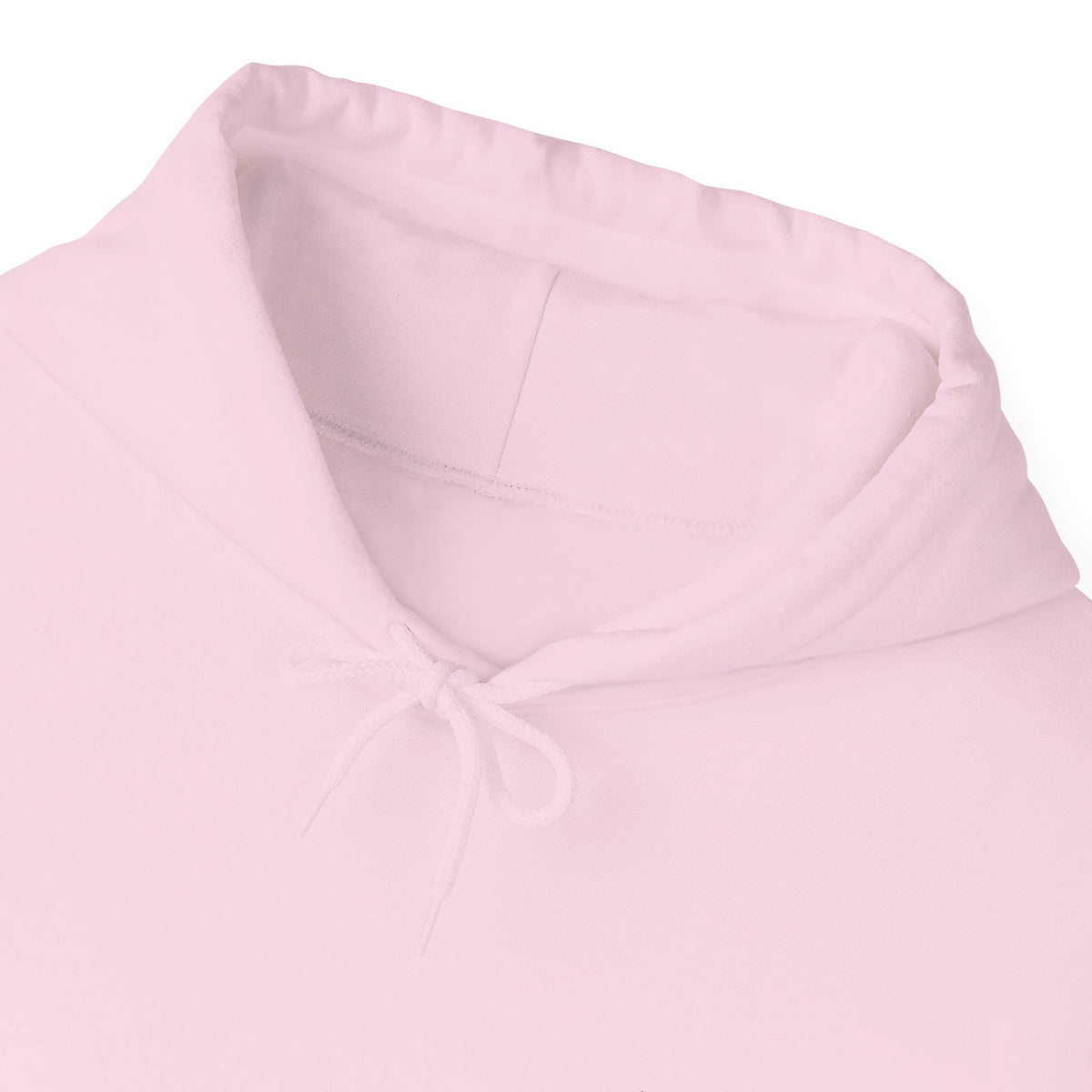 Close-up of the hood and drawstrings on the light pink hoodie