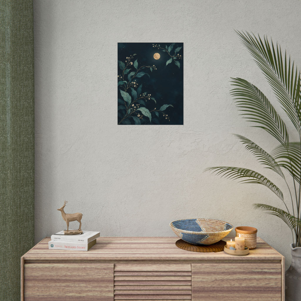 Night Garden art print by Cozy Prints UK: moonlit leafy branches and pale buds on a deep teal background.