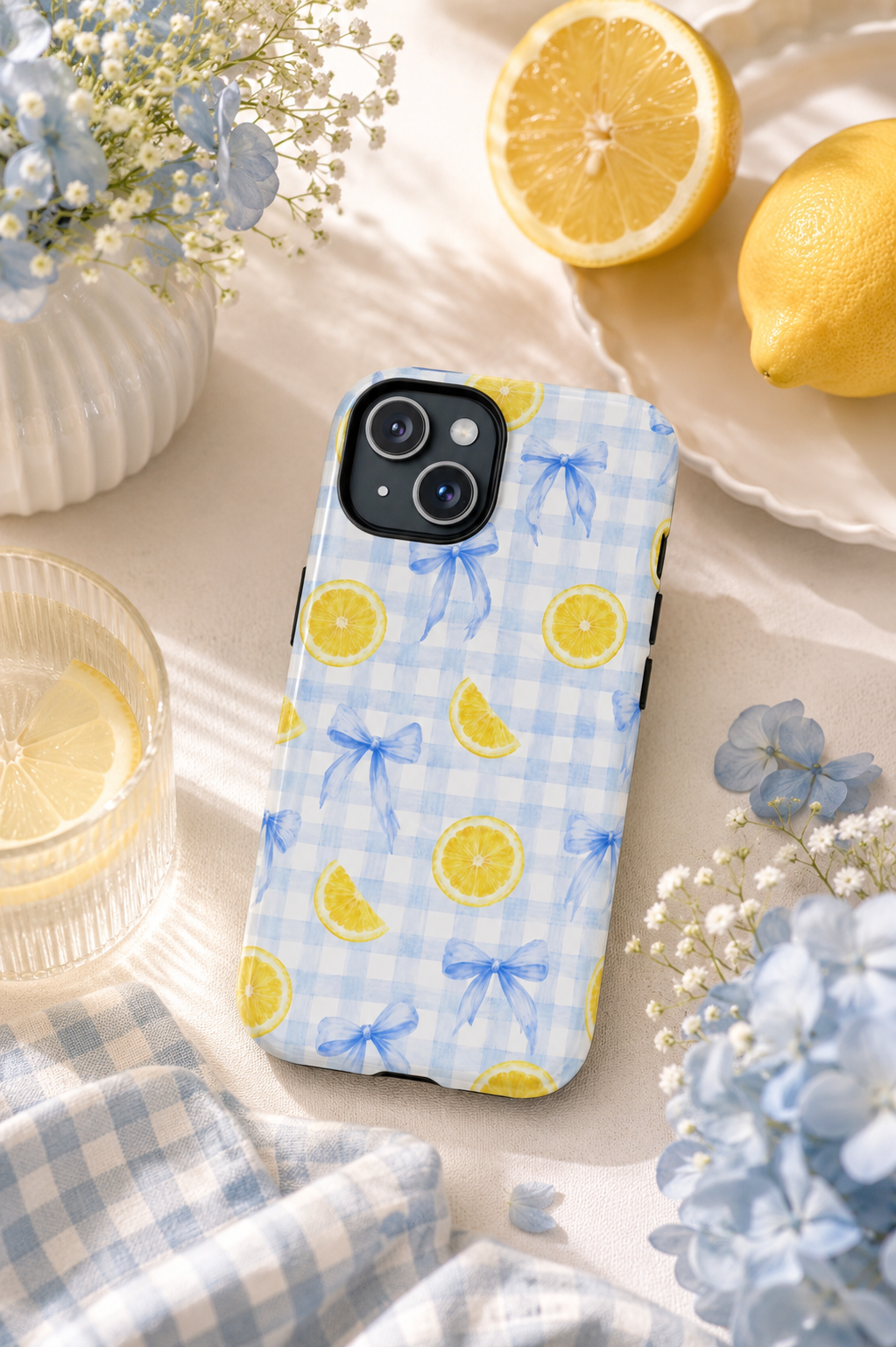 Lemon and Blue Bows phone case on blue gingham, styled with fresh lemons, flowers and a glass of lemon water.