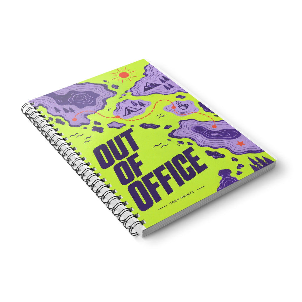 Out of Office A5 notebook by Cozy Prints UK, showing the illustrated front cover and black wire binding.