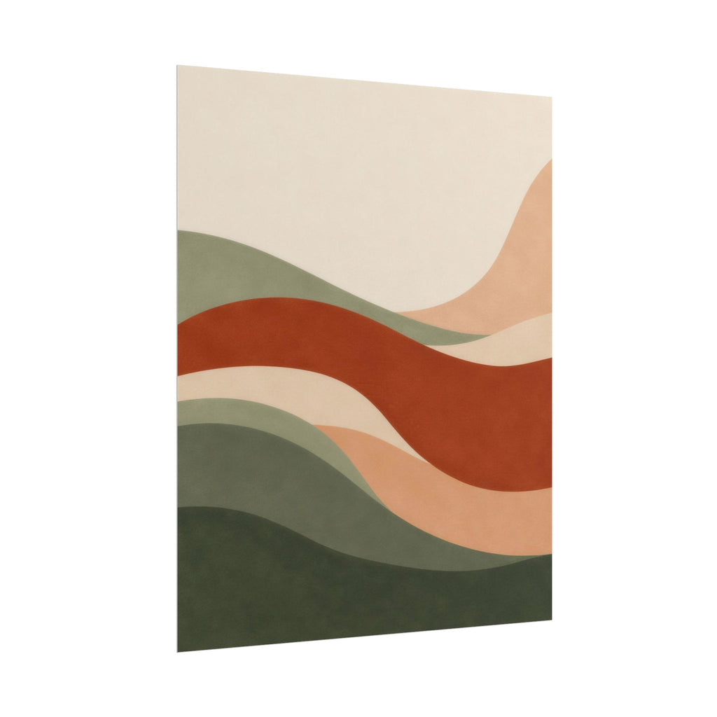 Soft Landing art print by Cozy Prints UK: flowing abstract shapes in sage, rust, peach and warm cream.