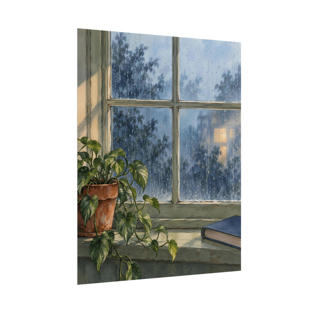 Rain at the Window art print by Cozy Prints UK, featuring rain-speckled glass, a leafy plant and a blue book in soft blue and sage tones.