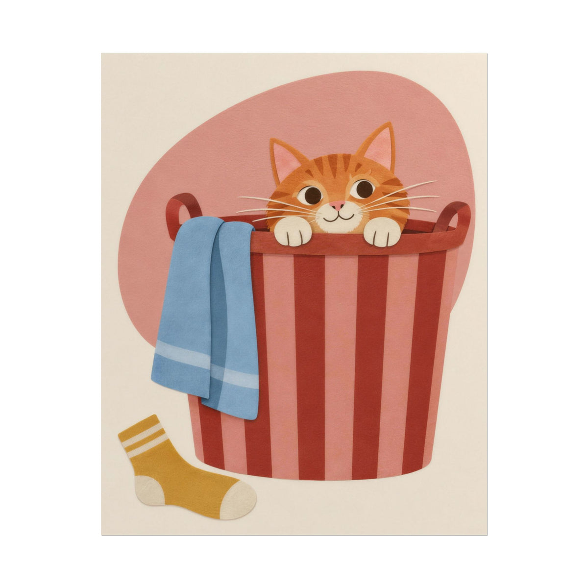 Laundry Day art print by Cozy Prints UK: ginger cat peeking from a striped laundry basket with a blue towel.