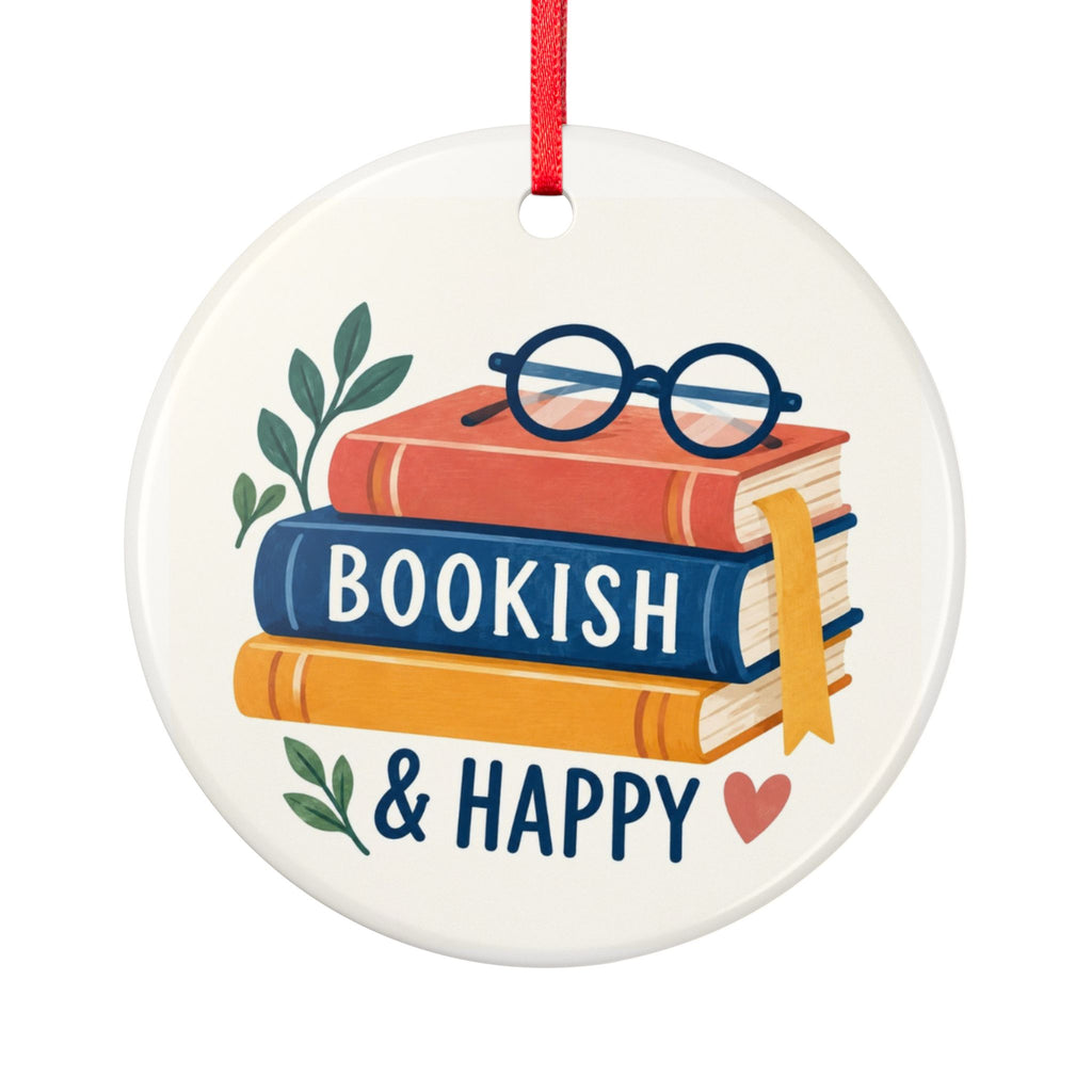 Round ceramic hanging ornament showing colourful book stack, blue reading glasses and Bookish & Happy lettering.