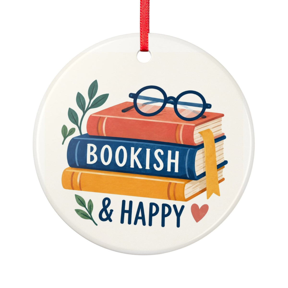 Round ceramic hanging ornament showing colourful book stack, blue reading glasses and Bookish & Happy lettering.