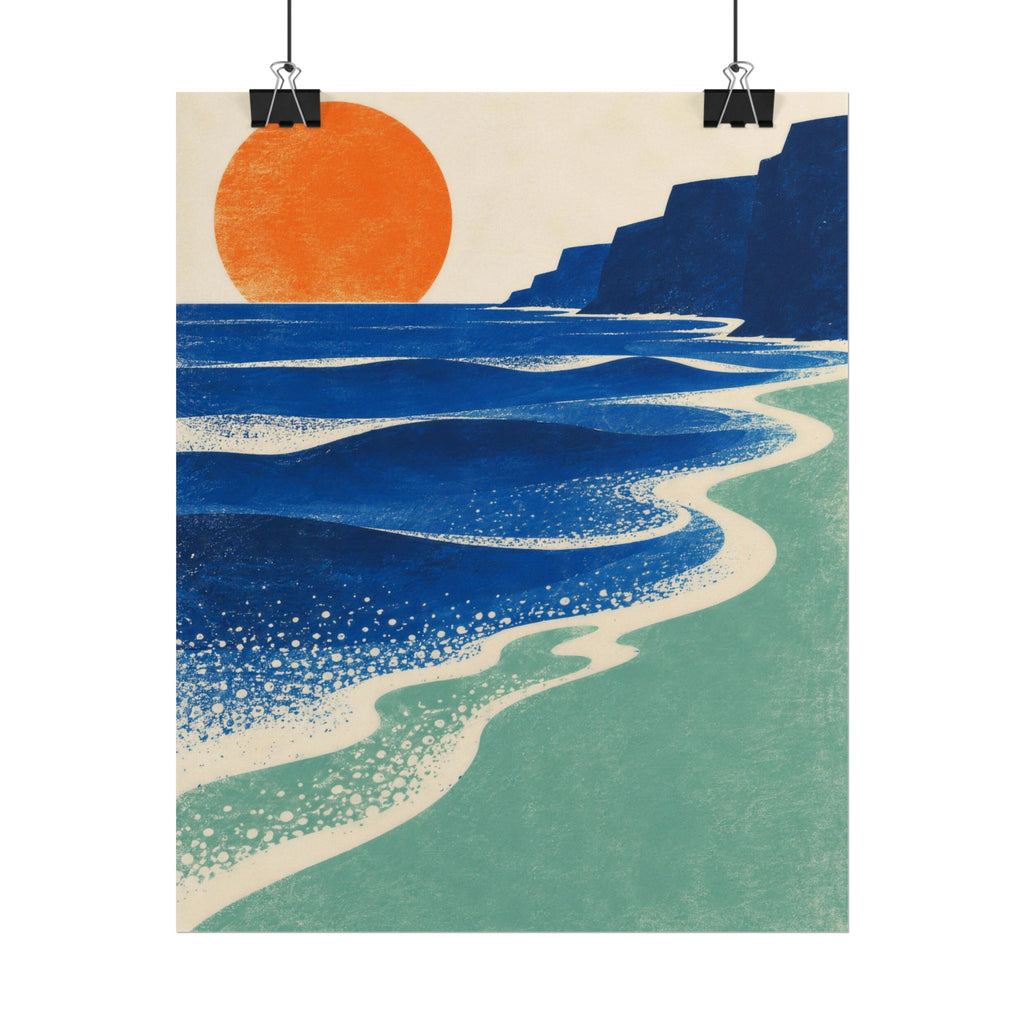 Sea Level art print by Cozy Prints UK: blue coastal sea bands, seafoam shore, dark cliff and orange sun.