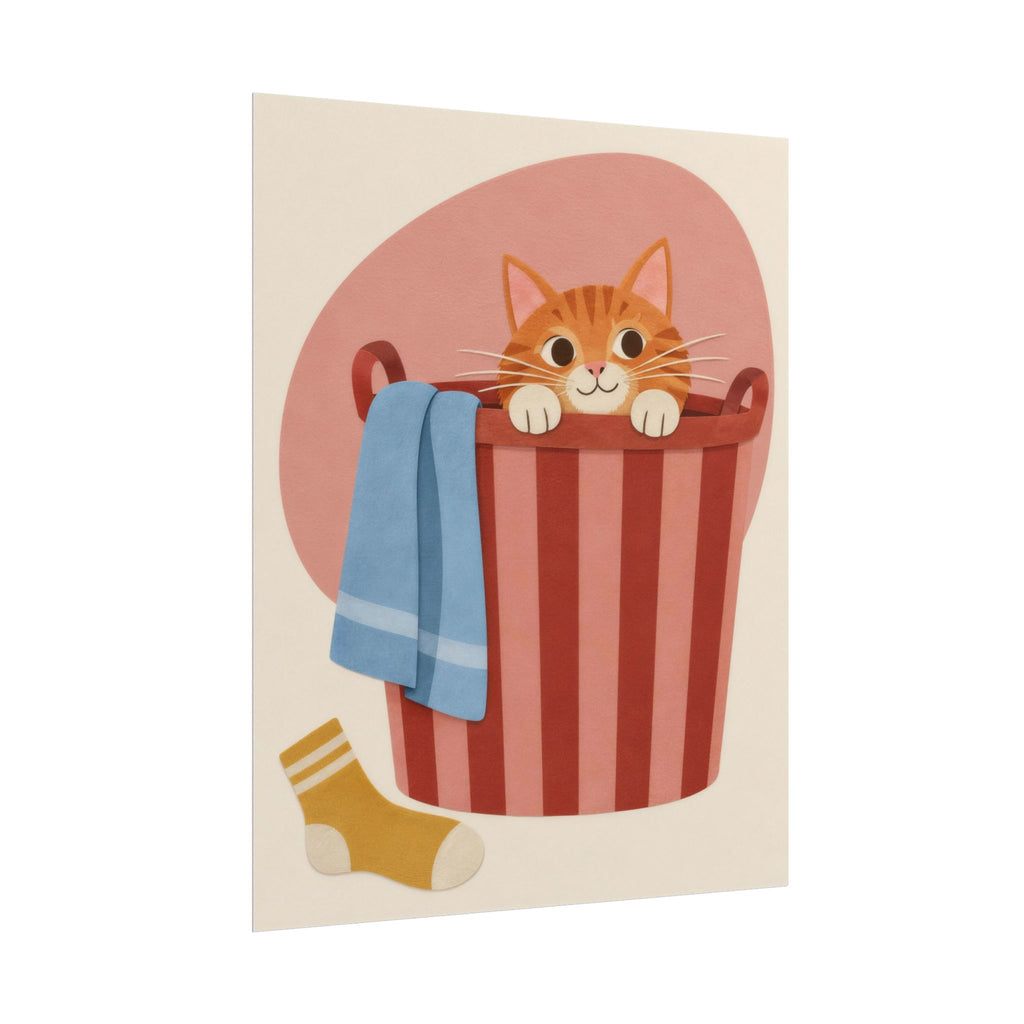 Laundry Day art print by Cozy Prints UK: ginger cat peeking from a striped laundry basket with a blue towel.