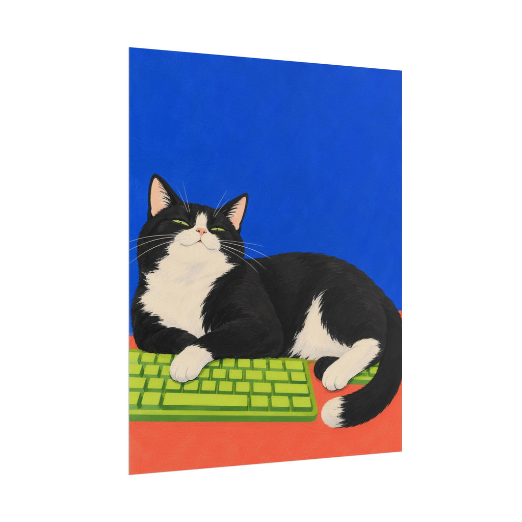 Desk Supervisor art print by Cozy Prints UK: black-and-white cat resting on a lime keyboard against cobalt blue.