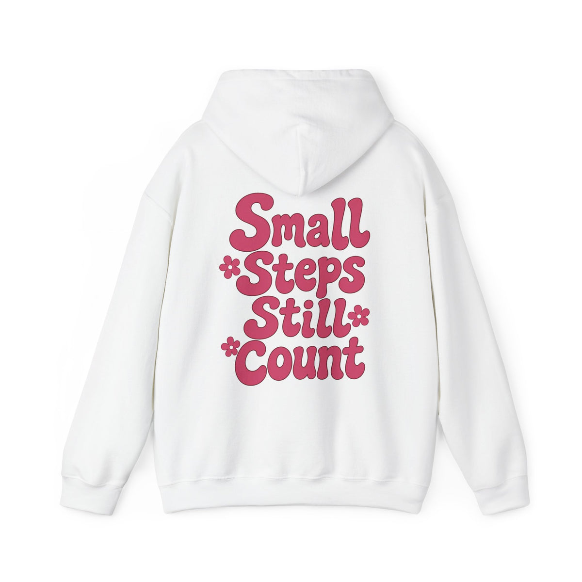 Back of white hoodie with burgundy Small Steps Still Count floral print