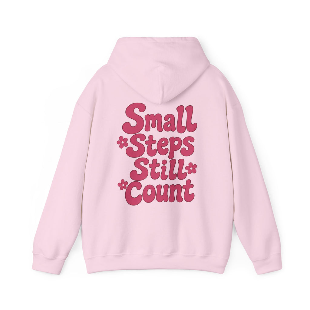 Back of light pink hoodie with burgundy Small Steps Still Count floral print