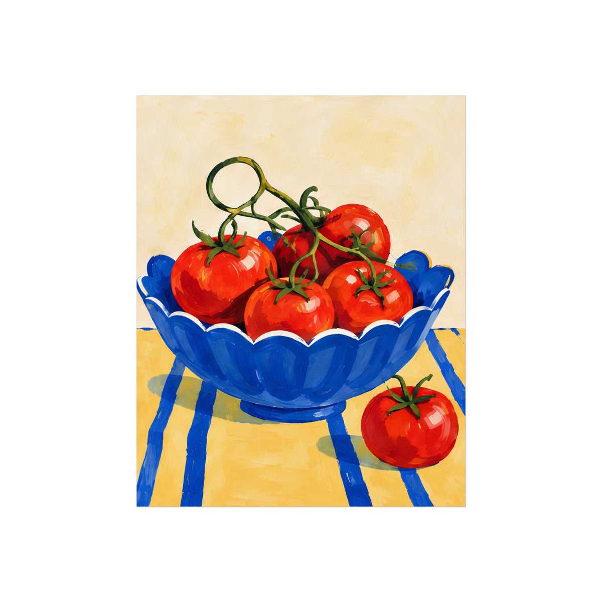Red tomatoes in a scalloped blue bowl on a yellow and blue striped tablecloth; matte art print