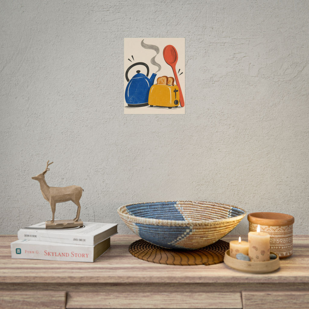 Kitchen Chorus art print by Cozy Prints UK: retro blue kettle, yellow toaster and coral spoon illustration.