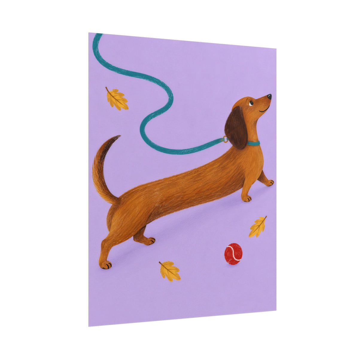 Long Dog, Big Day art print by Cozy Prints UK: caramel dachshund on lilac with a teal lead, yellow leaves and a red ball.
