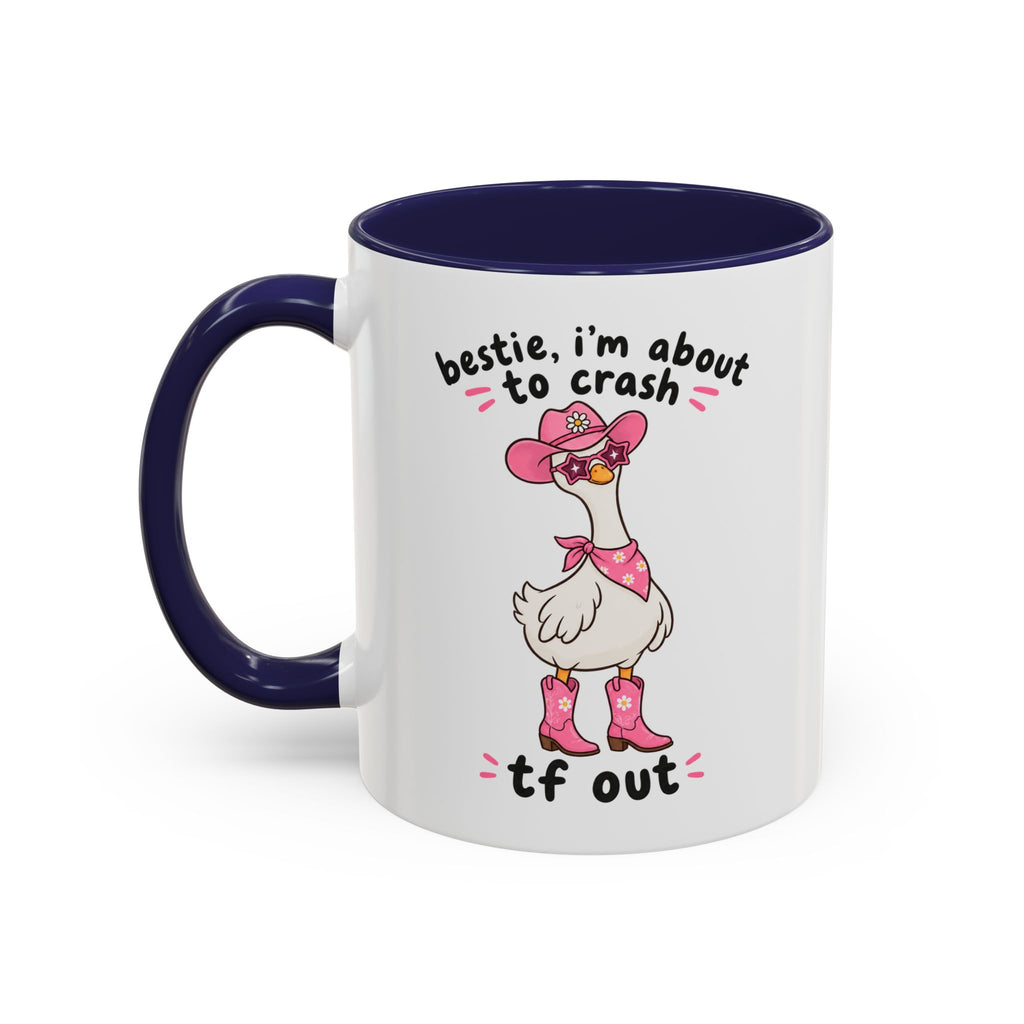 Front view of the navy Crash Out goose accent mug