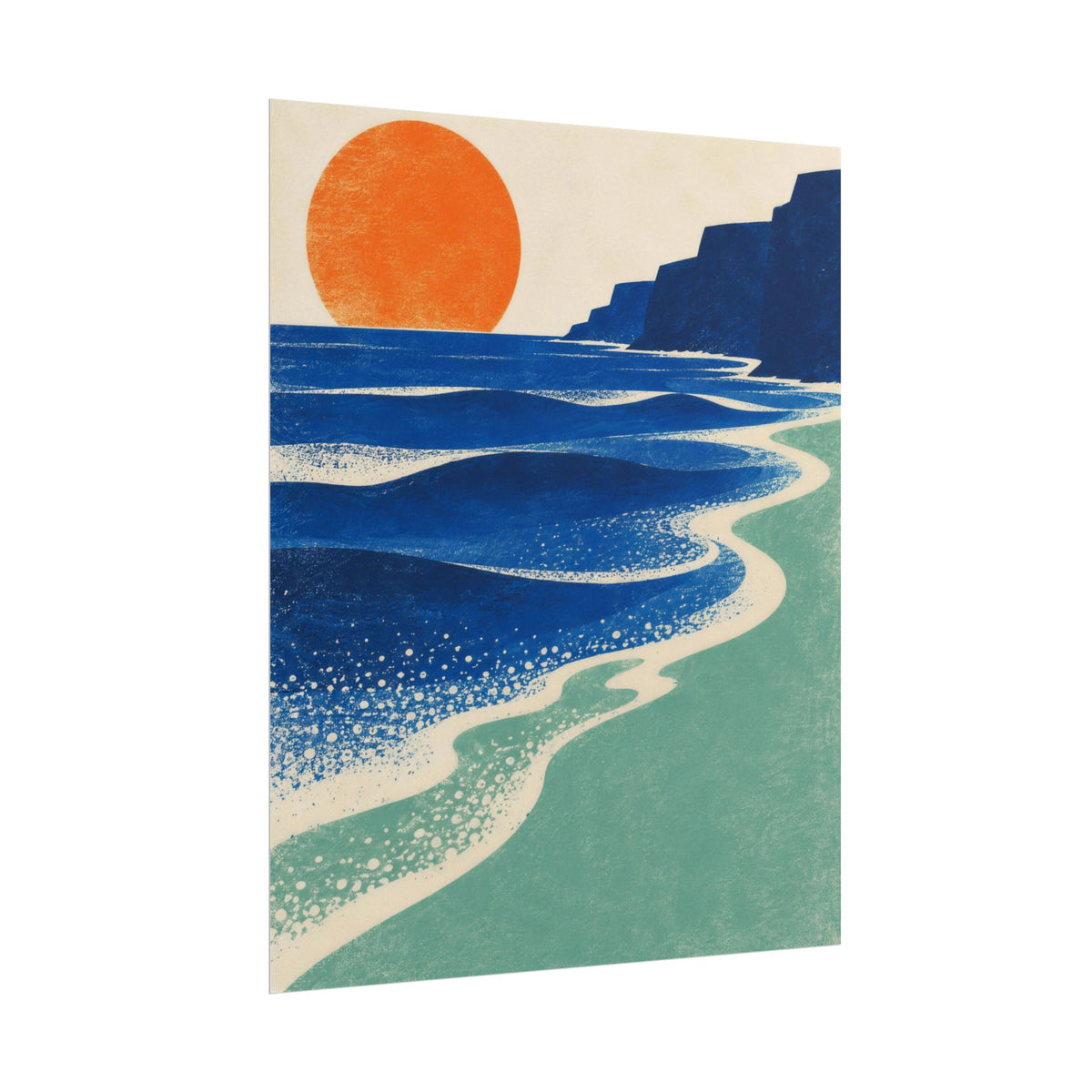 Sea Level art print by Cozy Prints UK: blue coastal sea bands, seafoam shore, dark cliff and orange sun.