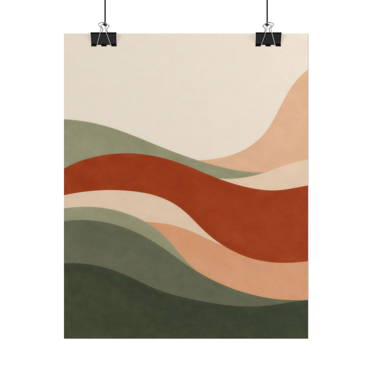 Soft Landing art print by Cozy Prints UK: flowing abstract shapes in sage, rust, peach and warm cream.