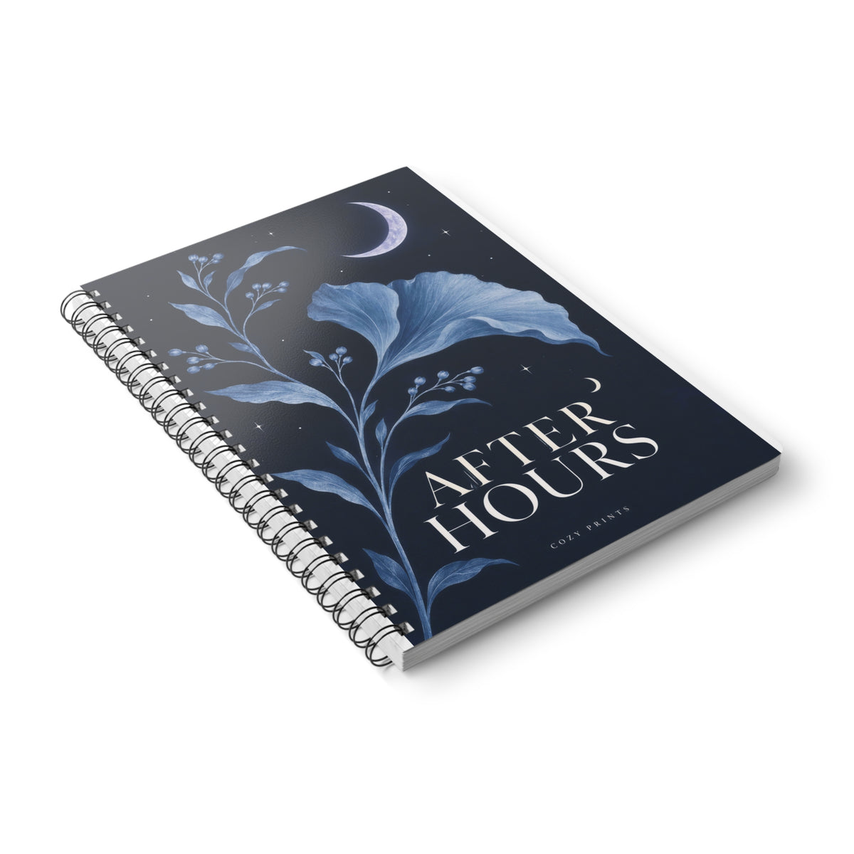 After Hours A5 notebook by Cozy Prints UK, showing the illustrated front cover and black wire binding.