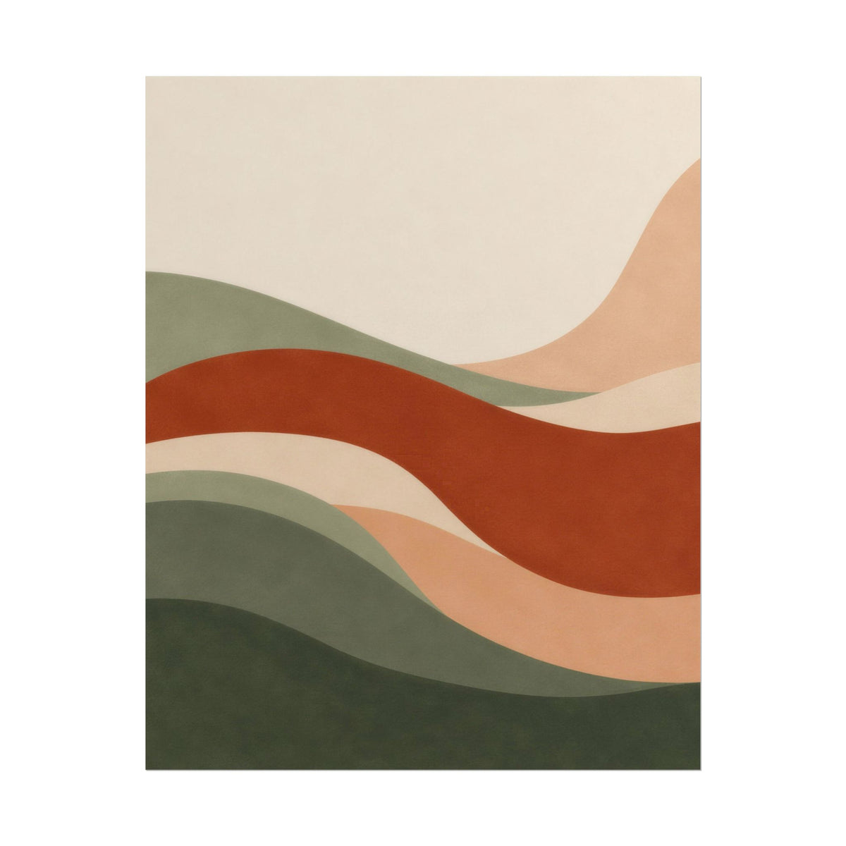 Soft Landing art print by Cozy Prints UK: flowing abstract shapes in sage, rust, peach and warm cream.