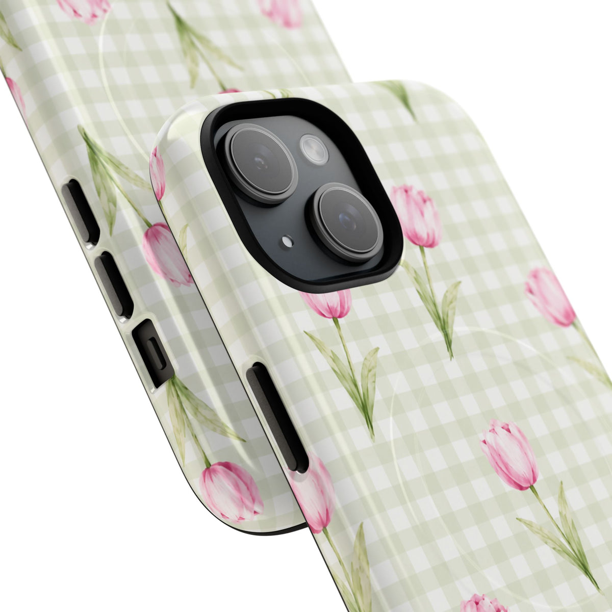 Close-up of two Pink Tulip Gingham cases showing pink flowers, sage checks, camera surrounds and side buttons.