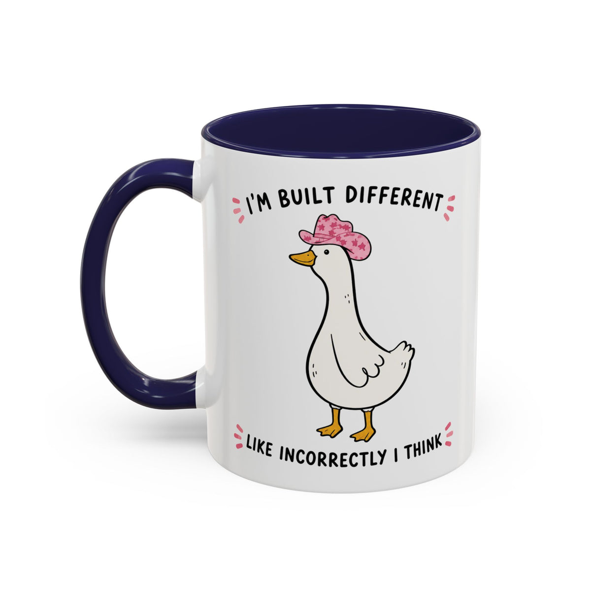 Front view of the navy Built Different duck accent mug