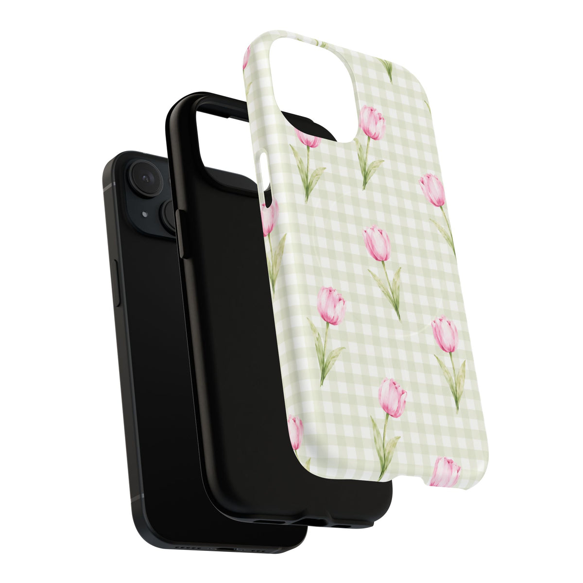 Pink Tulip Gingham case with sage checks shown as separate patterned shell, black inner layer and phone.