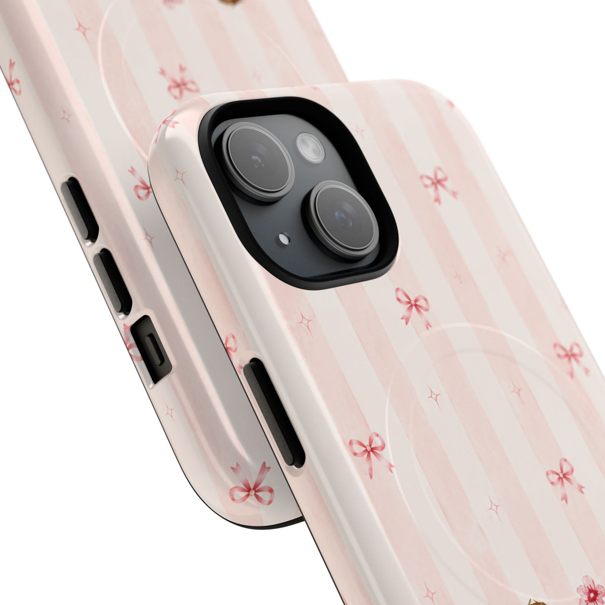 Close-up of the Dachshund and Flowers case showing pink stripes, small bows, a two-camera surround and side buttons.