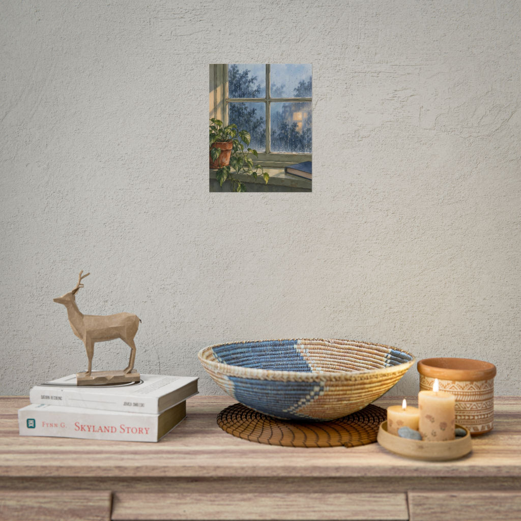 Rain at the Window art print by Cozy Prints UK, featuring rain-speckled glass, a leafy plant and a blue book in soft blue and sage tones.