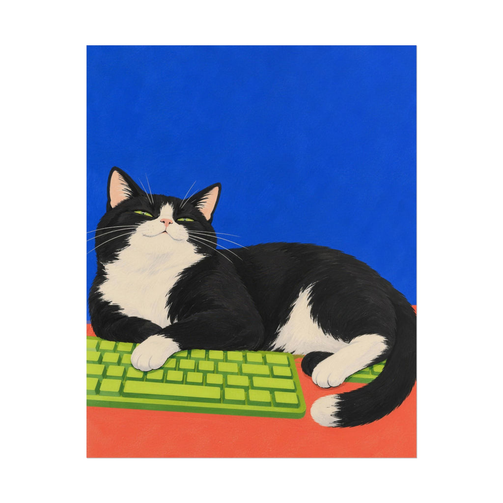 Desk Supervisor art print by Cozy Prints UK: black-and-white cat resting on a lime keyboard against cobalt blue.