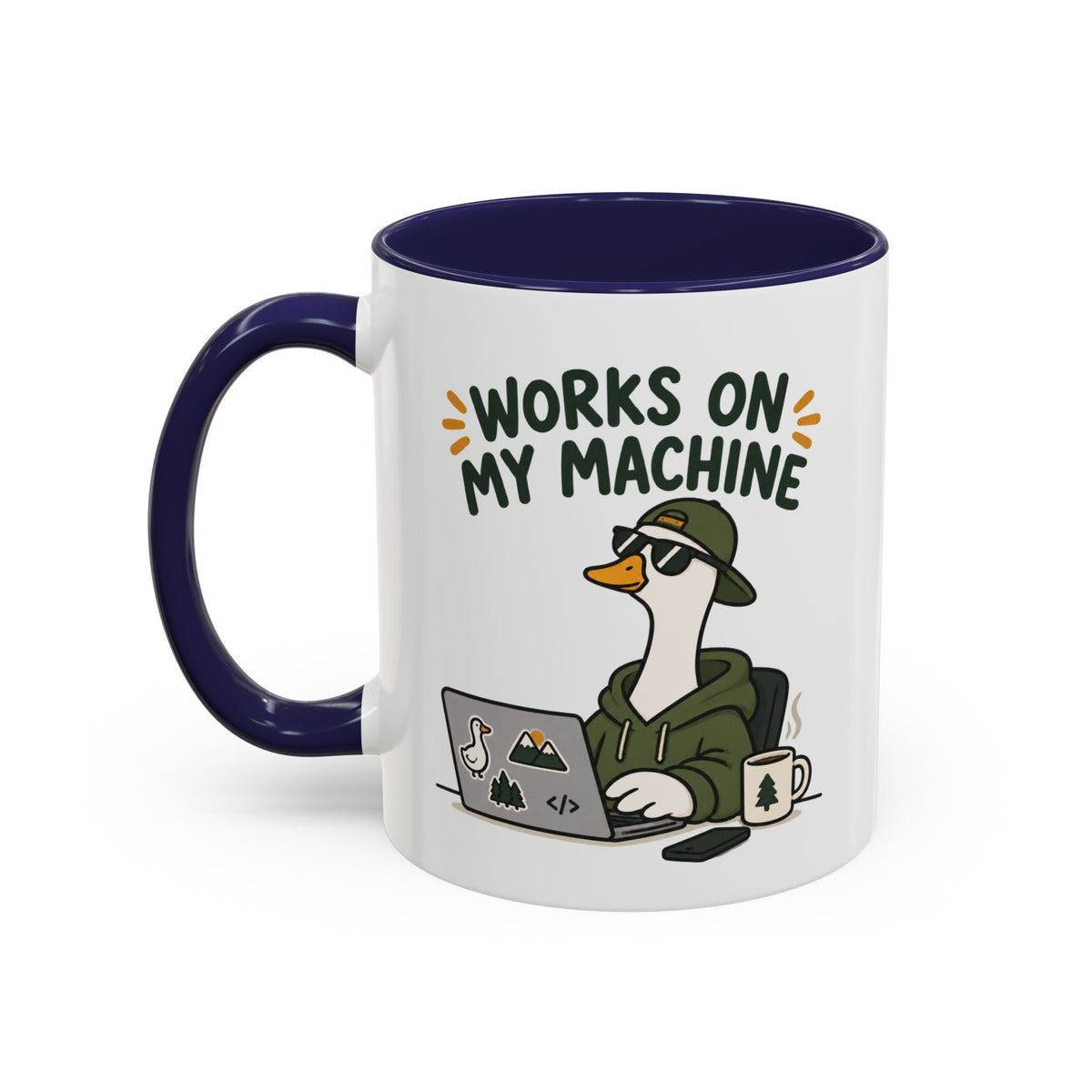 Front view of the navy Works on My Machine goose mug