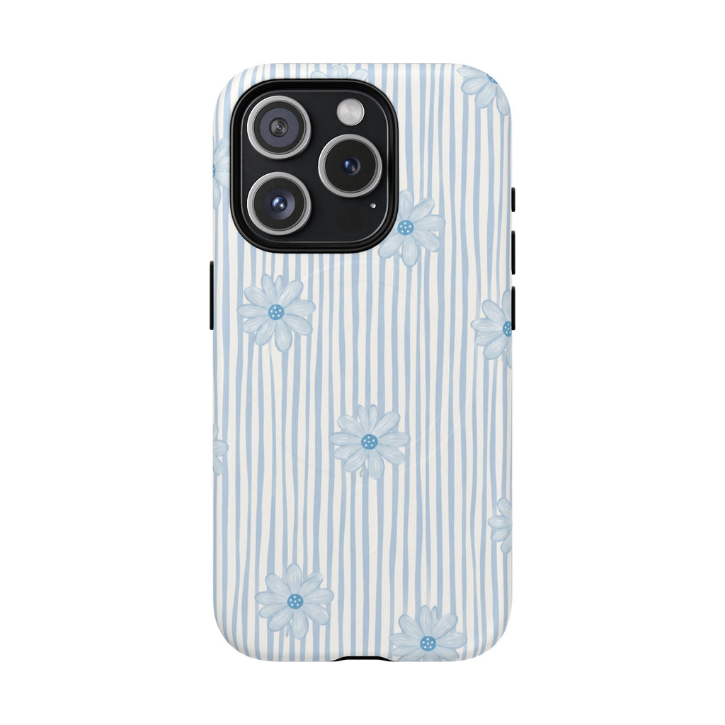 Blue Ditsy Floral phone case shown from the back in a three-camera configuration on a white background.