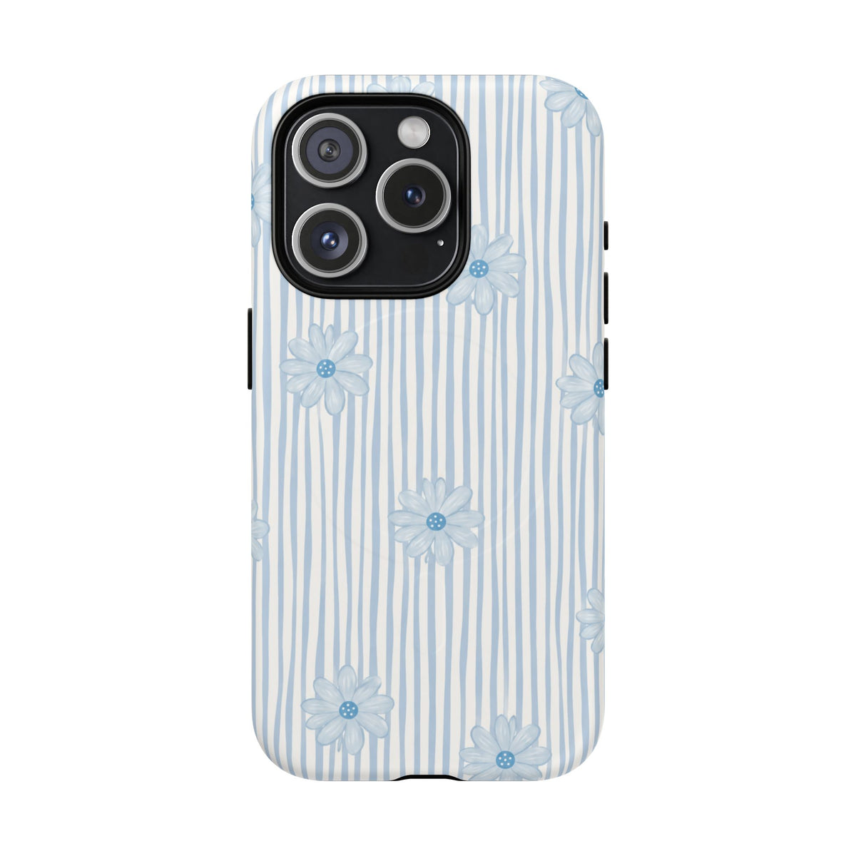 Blue Ditsy Floral phone case shown from the back in a three-camera configuration on a white background.