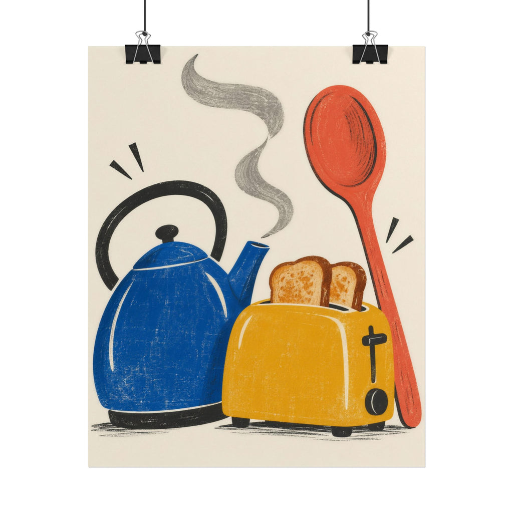 Kitchen Chorus art print by Cozy Prints UK: retro blue kettle, yellow toaster and coral spoon illustration.