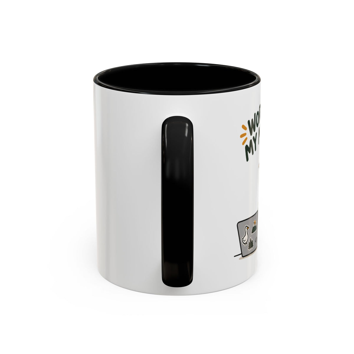 Handle view of the black Works on My Machine goose mug