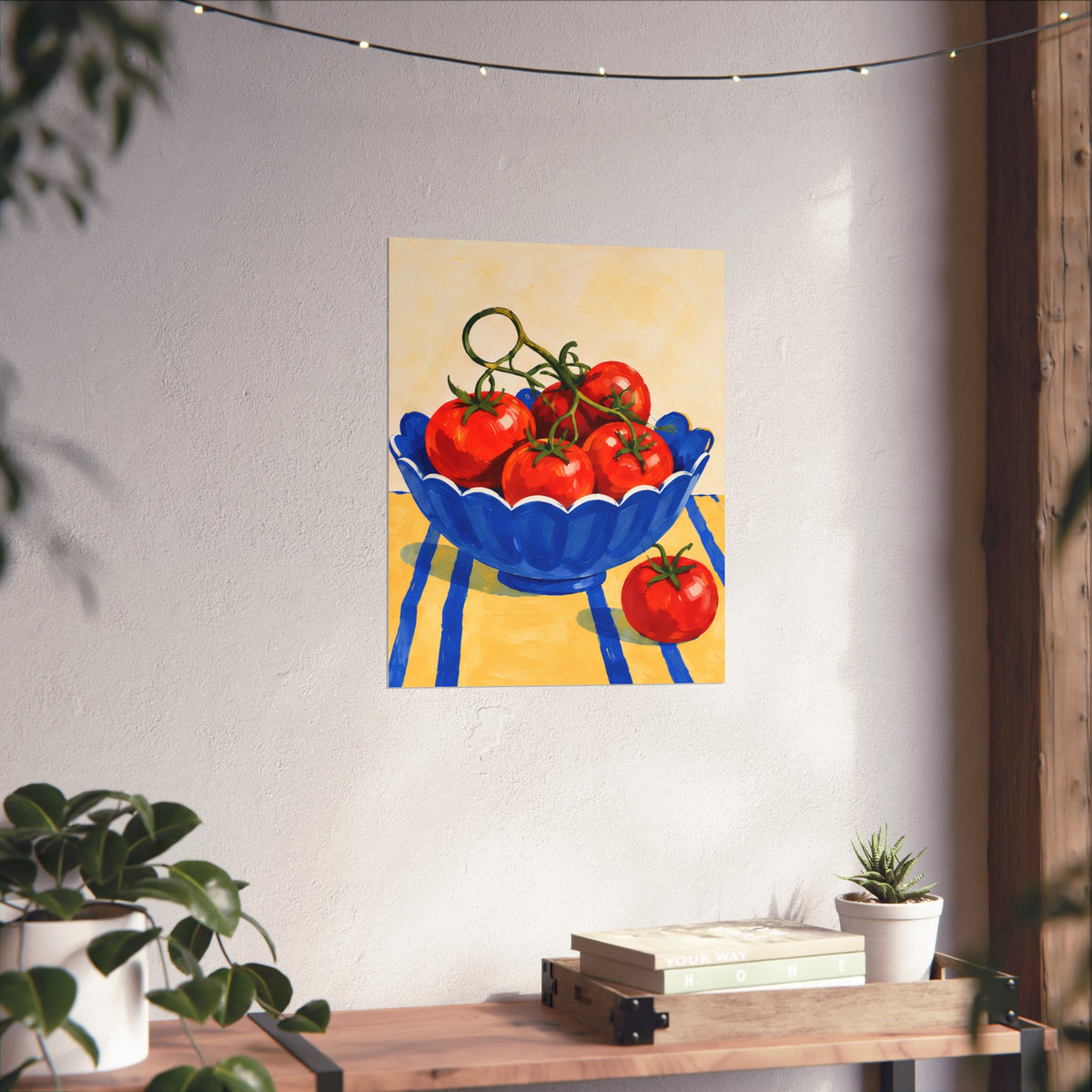 Red tomatoes in a scalloped blue bowl on a yellow and blue striped tablecloth; matte art print