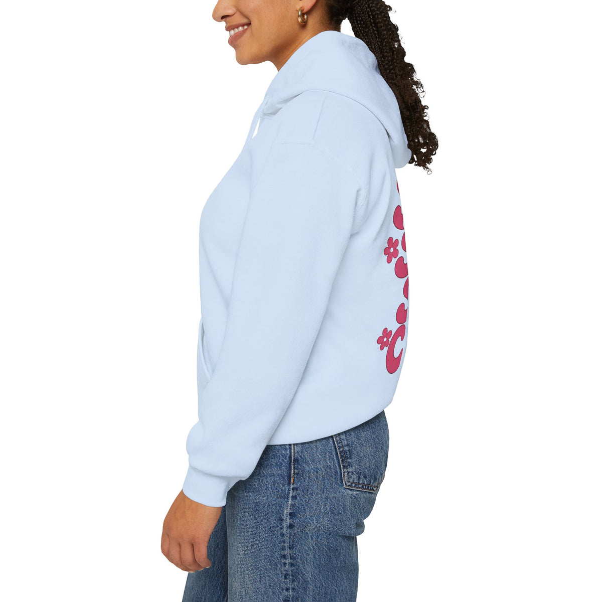 Side view of a model wearing the light blue Small Steps Still Count hoodie