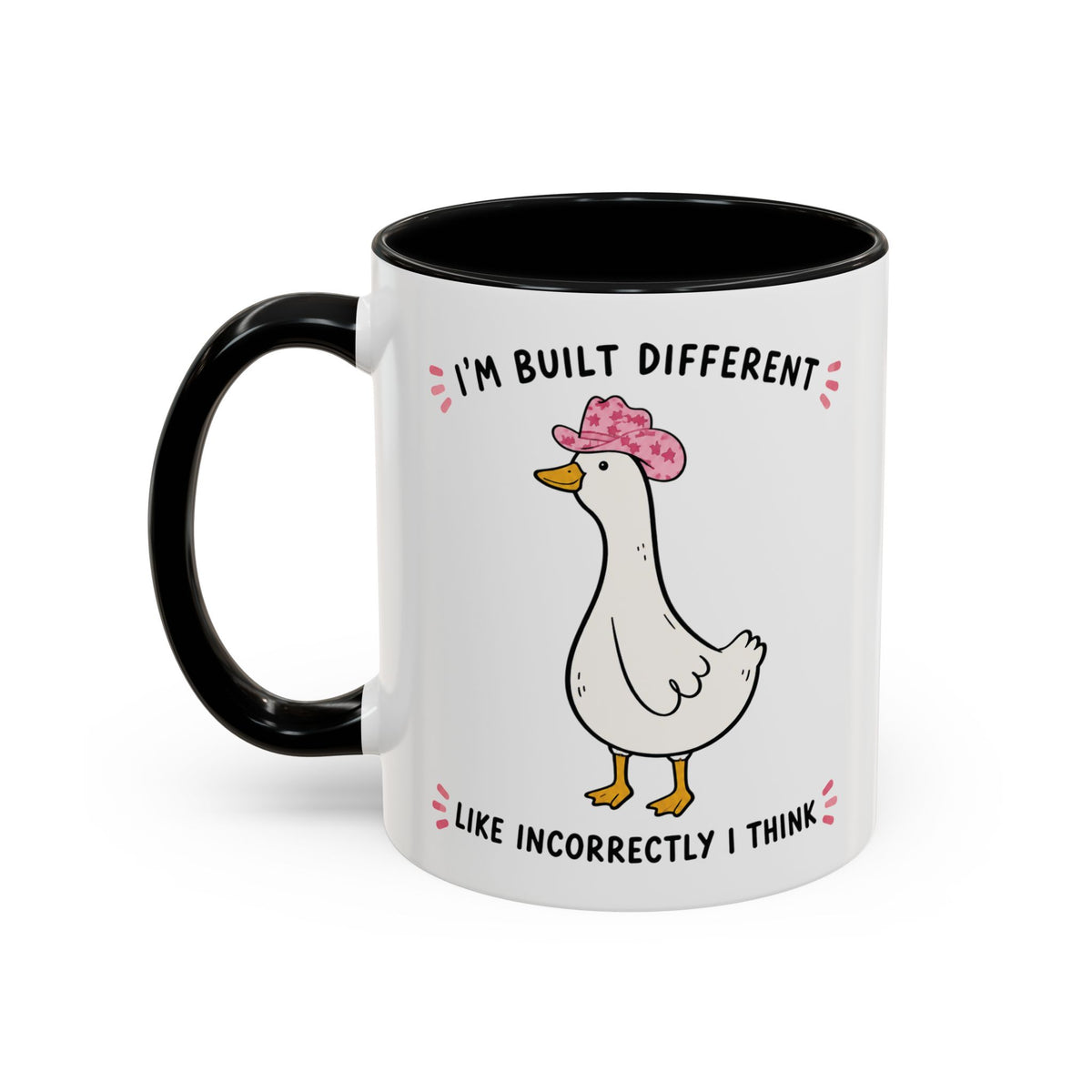 Front view of the black Built Different duck accent mug