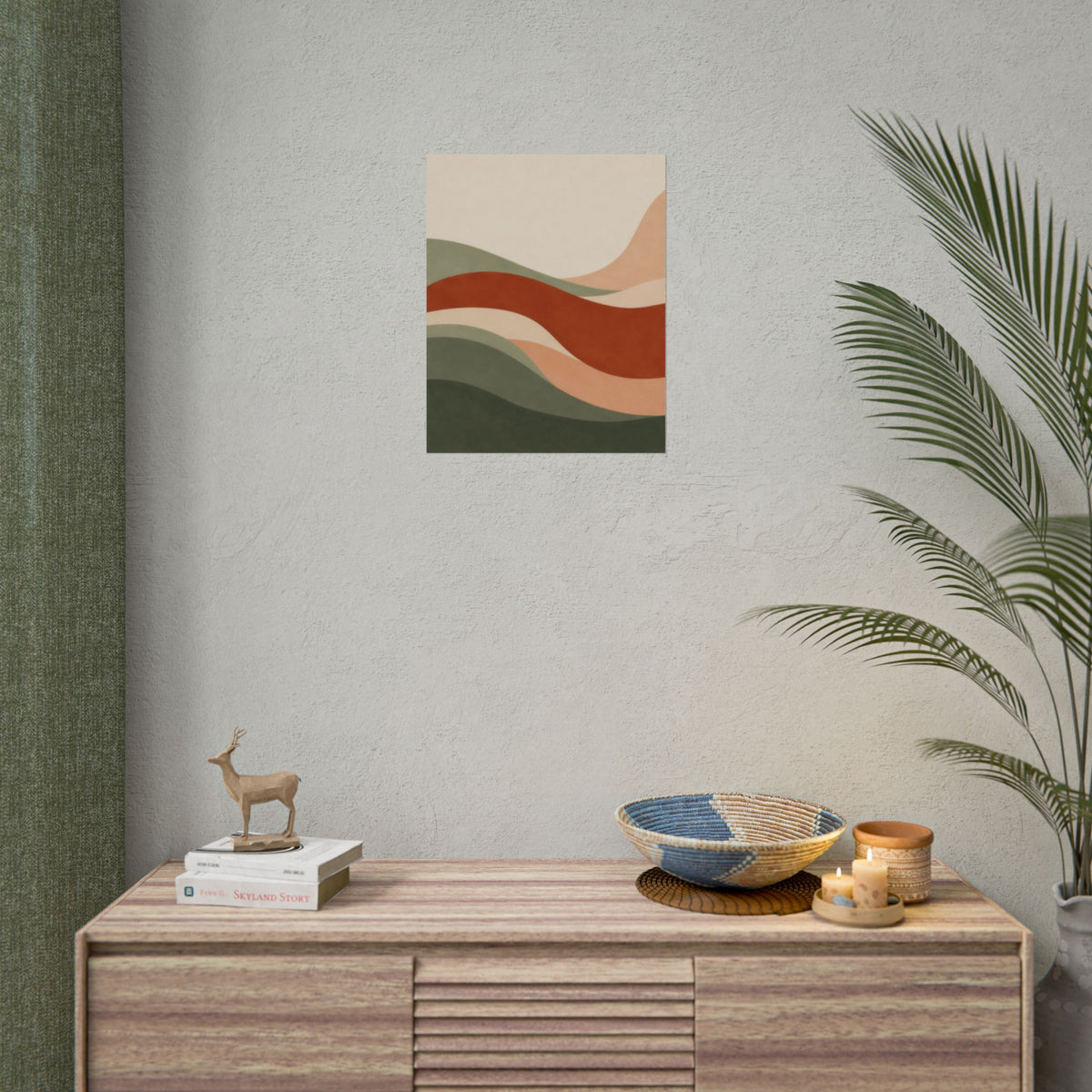 Soft Landing art print by Cozy Prints UK: flowing abstract shapes in sage, rust, peach and warm cream.