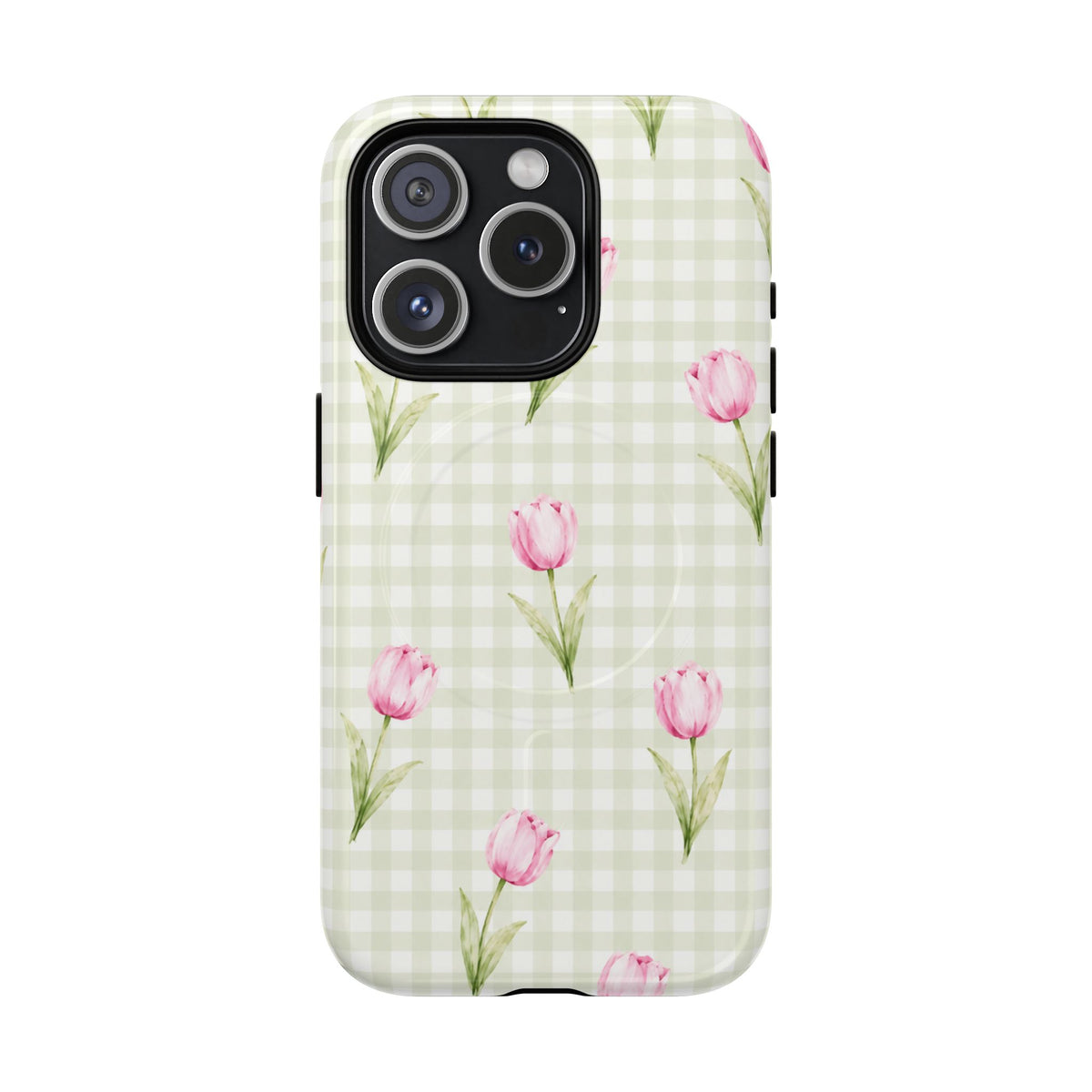 Rear view of the Pink Tulip Gingham case with a three-camera opening and pink flowers across sage checks.
