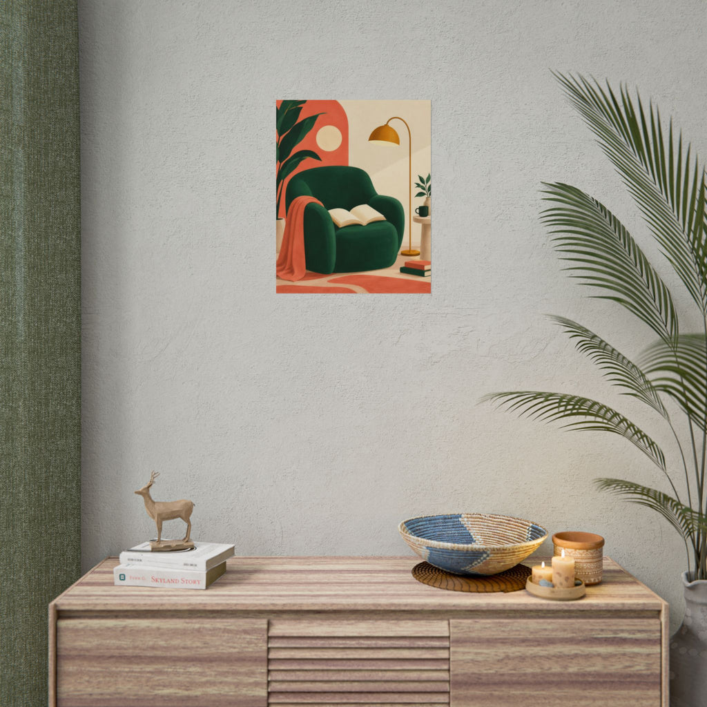 One More Chapter art print by Cozy Prints UK: emerald reading chair with an open book, ochre lamp and coral accents.