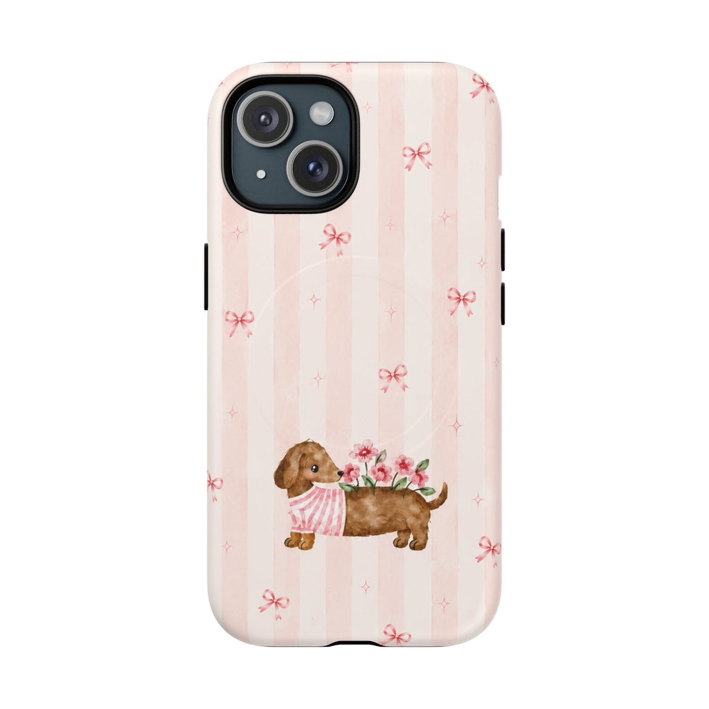 Dachshund and Flowers phone case shown from the back, with a flower-carrying brown dog and a two-camera opening.