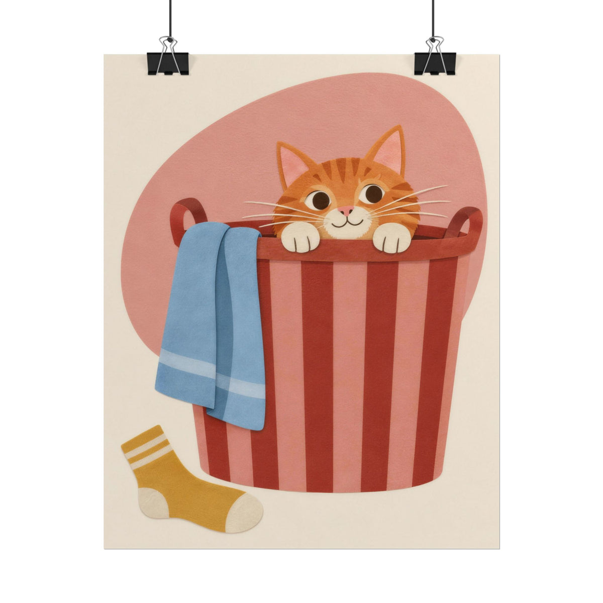 Laundry Day art print by Cozy Prints UK: ginger cat peeking from a striped laundry basket with a blue towel.