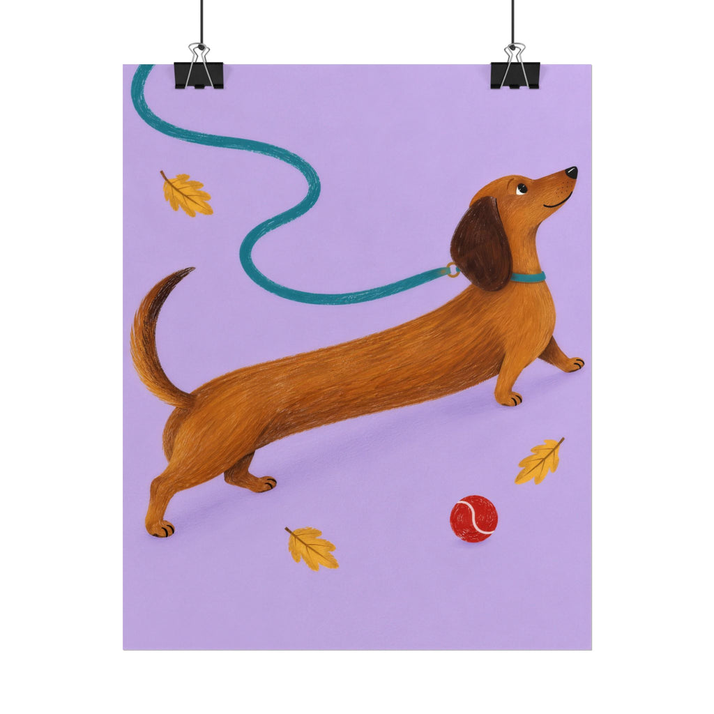 Long Dog, Big Day art print by Cozy Prints UK: caramel dachshund on lilac with a teal lead, yellow leaves and a red ball.