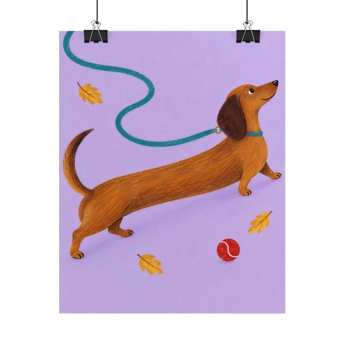 Long Dog, Big Day art print by Cozy Prints UK: caramel dachshund on lilac with a teal lead, yellow leaves and a red ball.